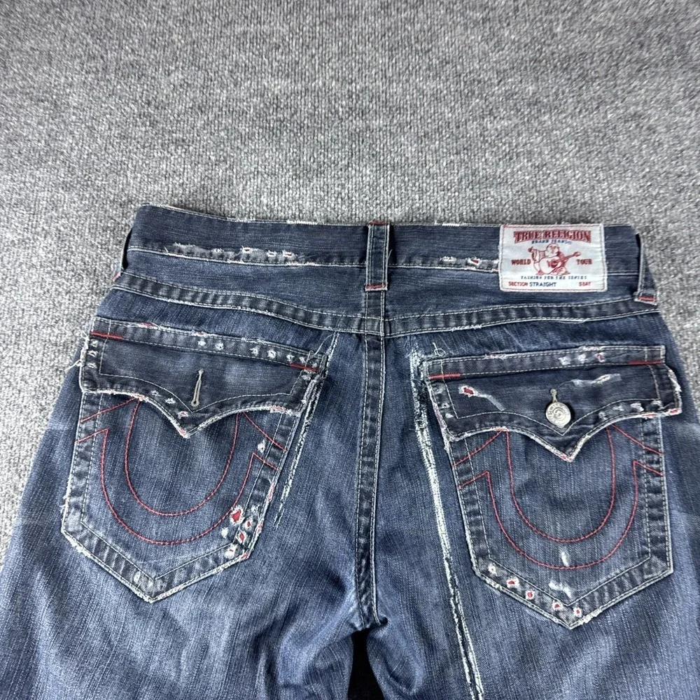 True Religion Jeans Mens 34 Blue Section Straight Leg Distressed Denim Y2K